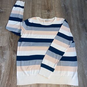 Loft lightweight sweater with teal, cream, peach and silver stripes. Size L EUC